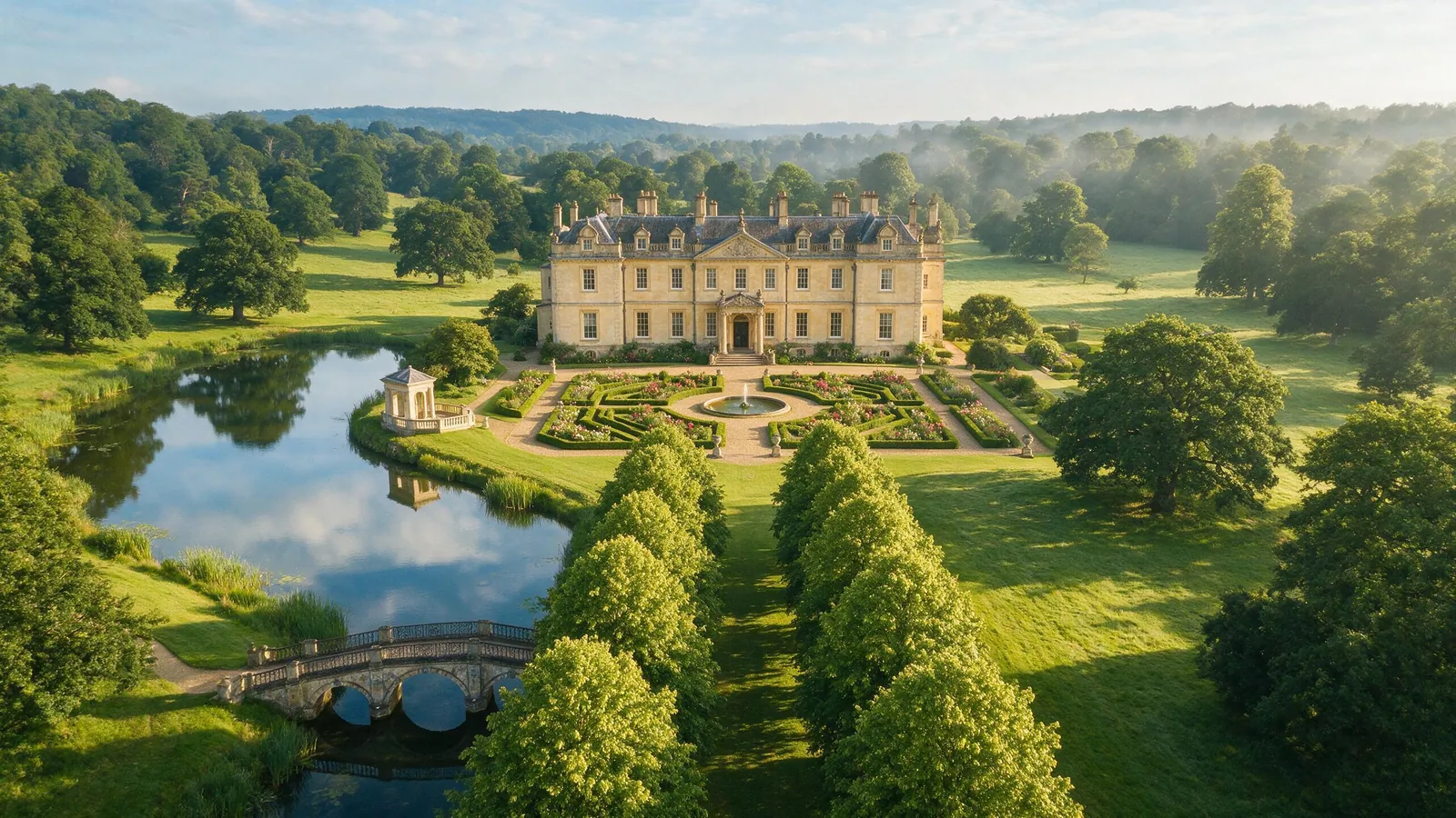 Ashbourne Park from the air — the house, formal gardens, lake and parkland