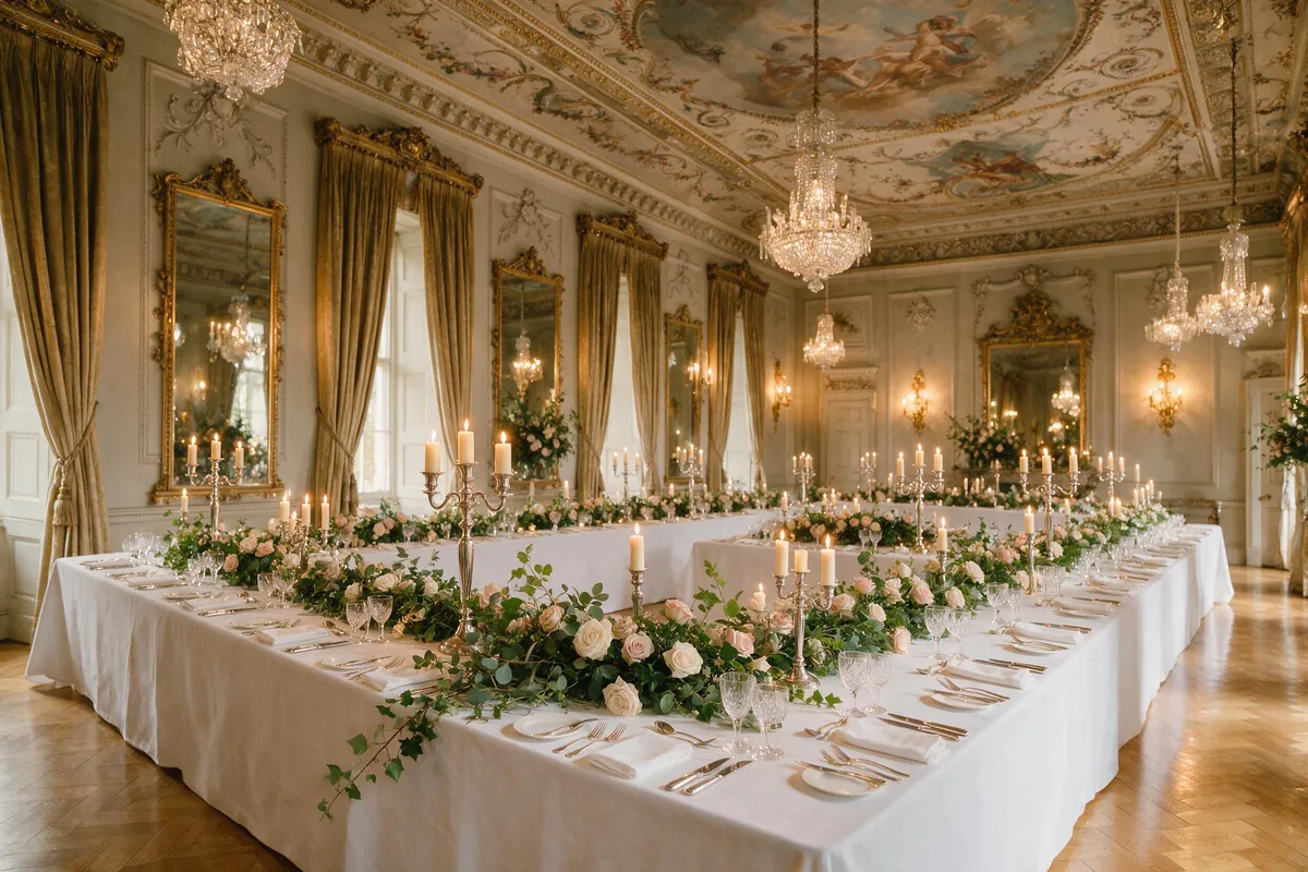 The saloon at Ashbourne Park laid for a wedding breakfast with candelabra and long linen tables