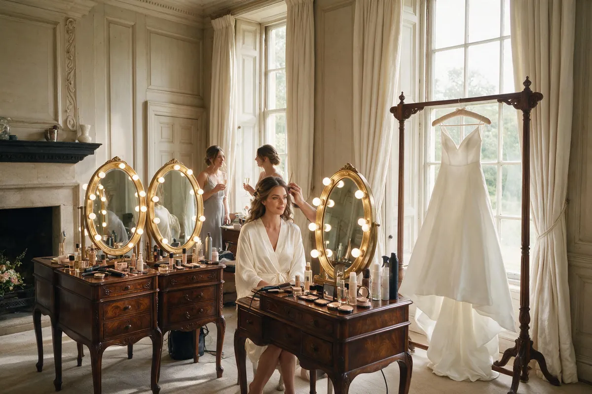 The Long Room at Ashbourne Park, a bridal preparation suite with lit dressing mirrors and the dress hanging by the window