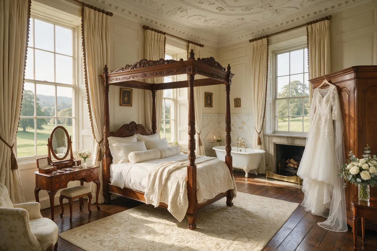 The bridal suite with its four-poster bed and the dress hanging ready