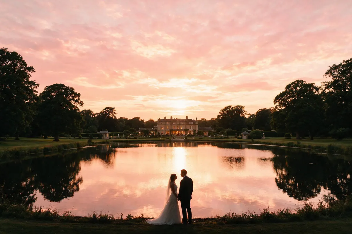 A bride and groom at the lake edge at dusk, the house lit behind them