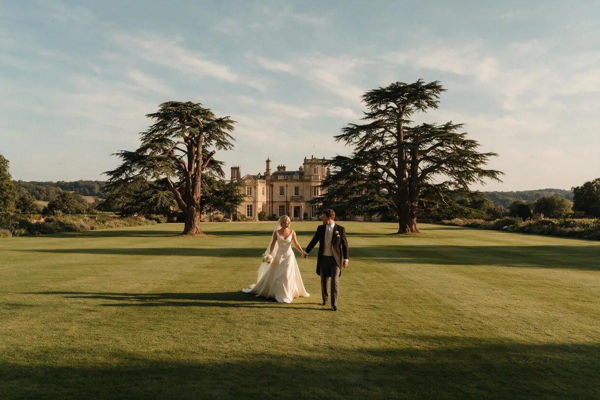 A bride and groom walking across the lawn in front of the house