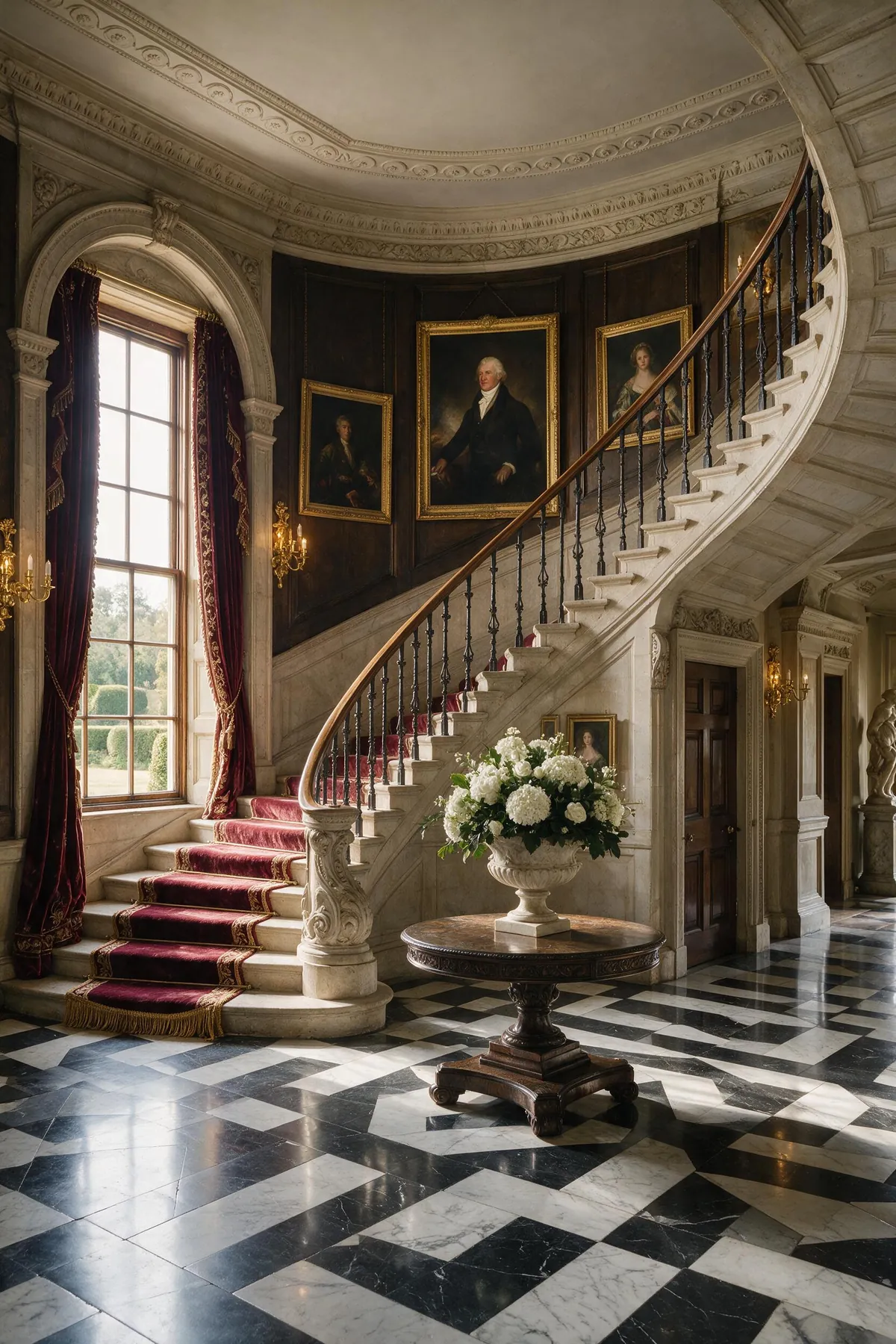 The entrance hall at Ashbourne Park with its stone staircase, marble floor and tall arched window