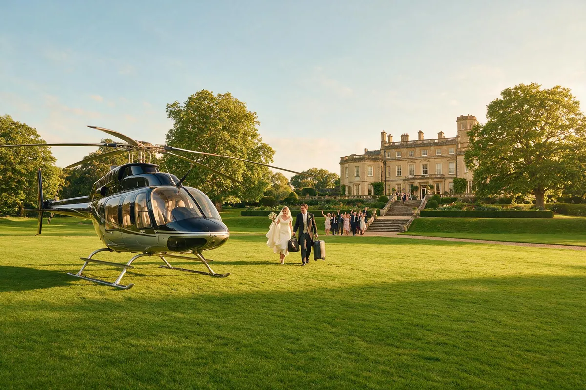 A helicopter waiting on the lawn at Ashbourne Park as a bride and groom walk towards it, guests waving from the steps