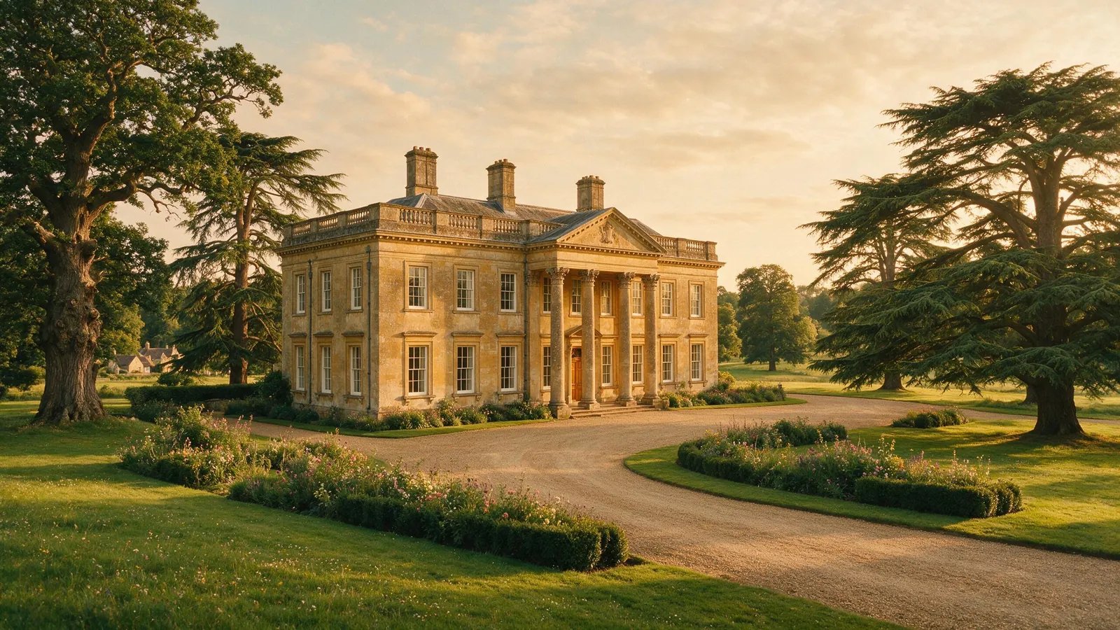 Ashbourne Park, a Palladian country house in golden evening light at the end of its carriage drive