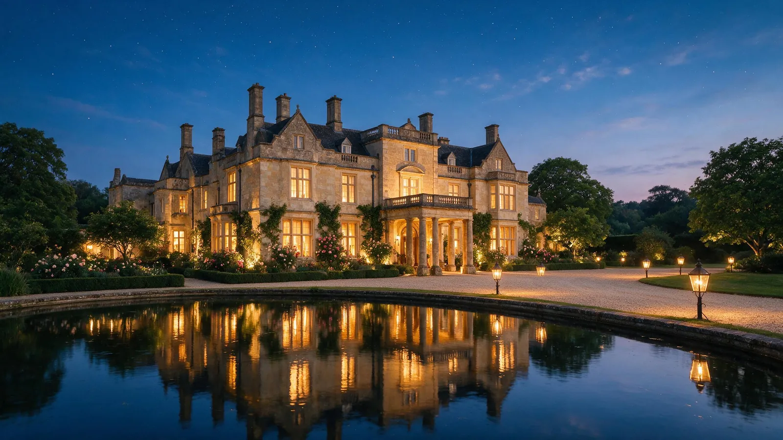 Ashbourne Park lit at night, every window glowing, reflected in the lake