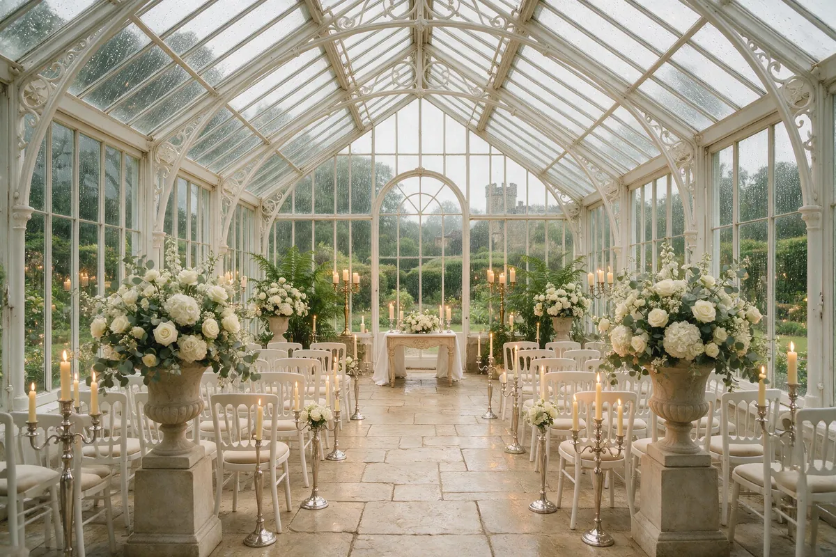 The orangery at Ashbourne Park set with chairs for an indoor ceremony, rain on the glass