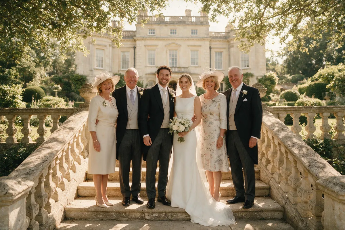 The couple with both sets of parents on the stone steps of the house