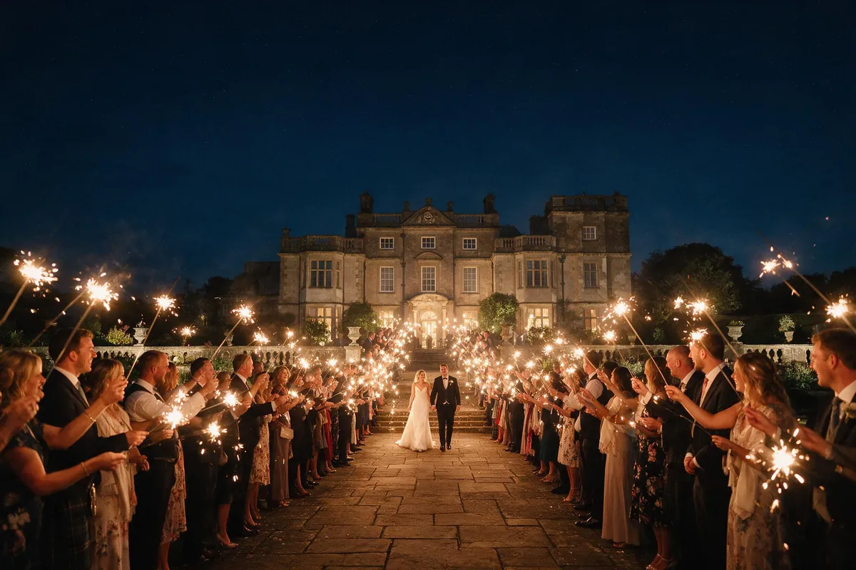 A sparkler send-off outside the house at night