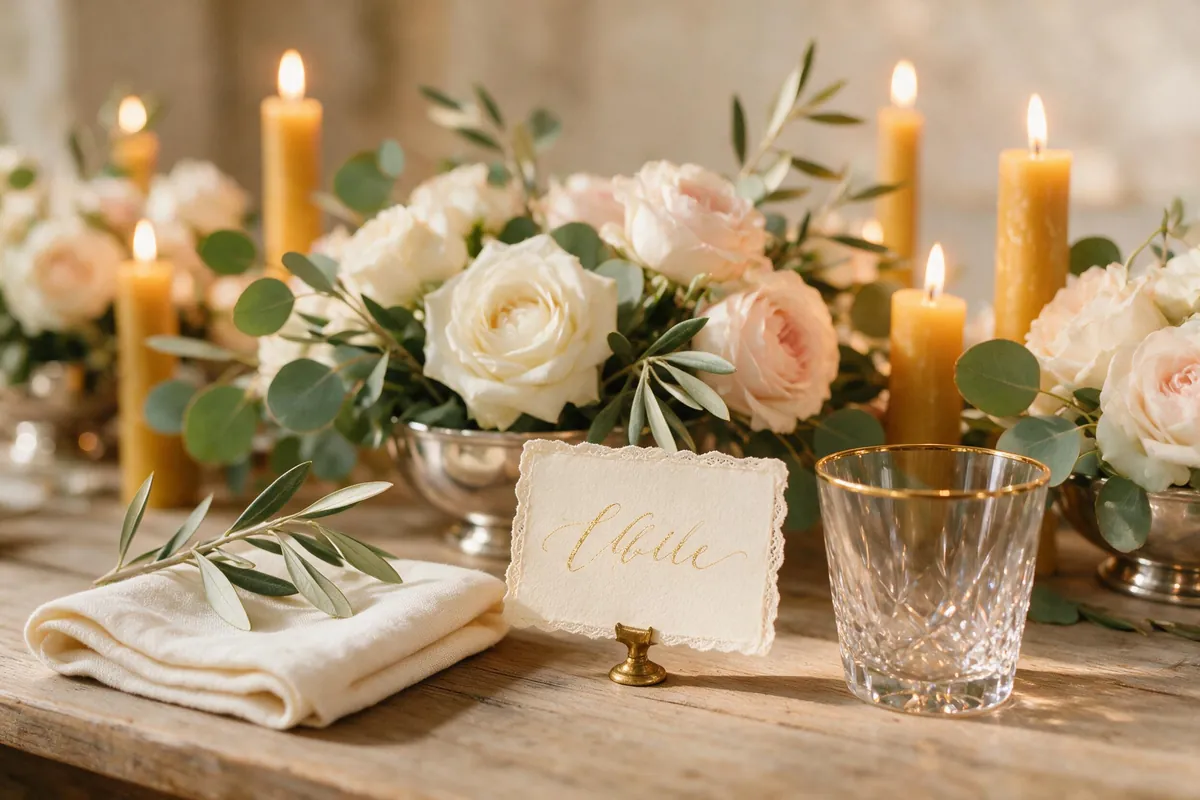 Table detail — place card, gold-rimmed glass, garden roses and candles