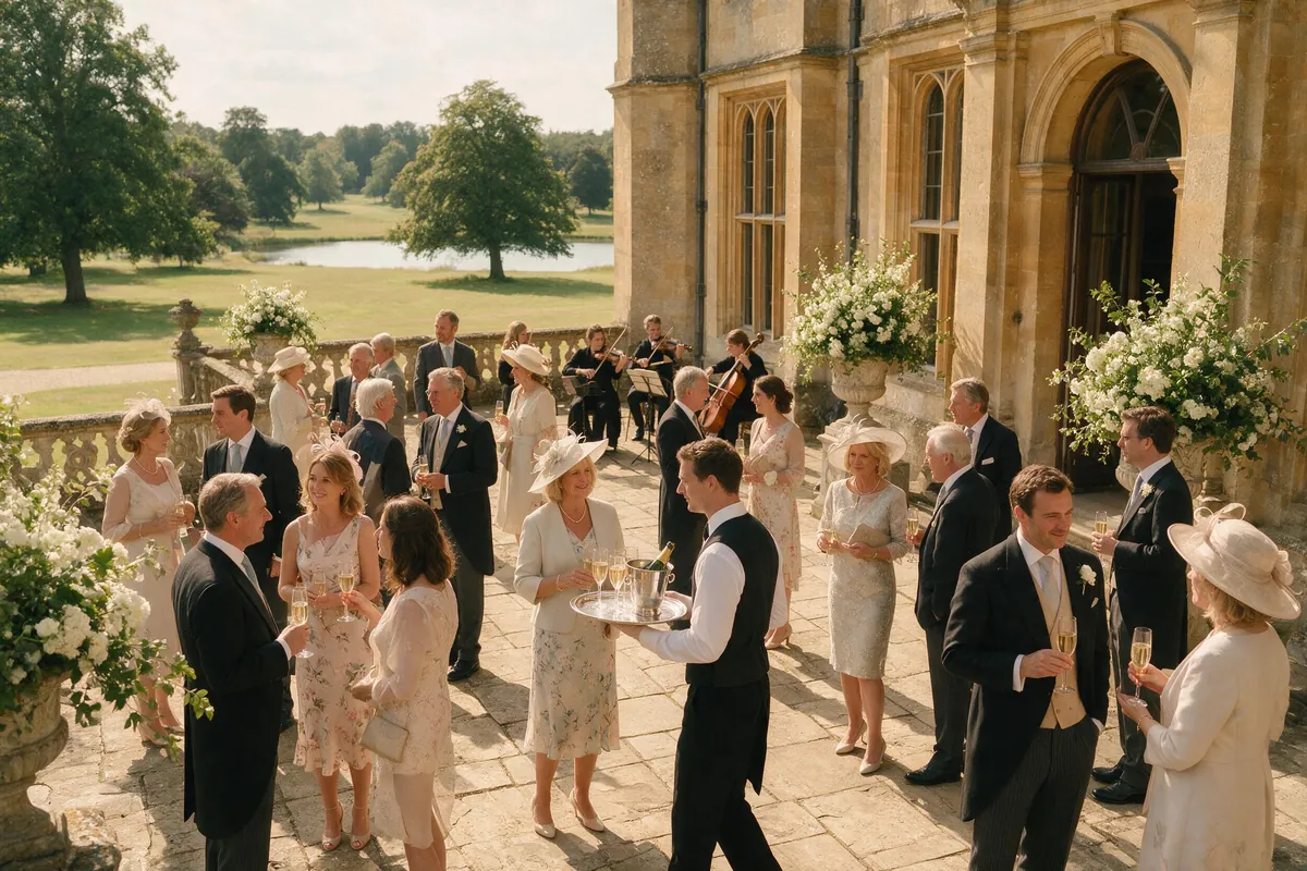 Champagne on the terrace, guests and a string quartet in the afternoon sun