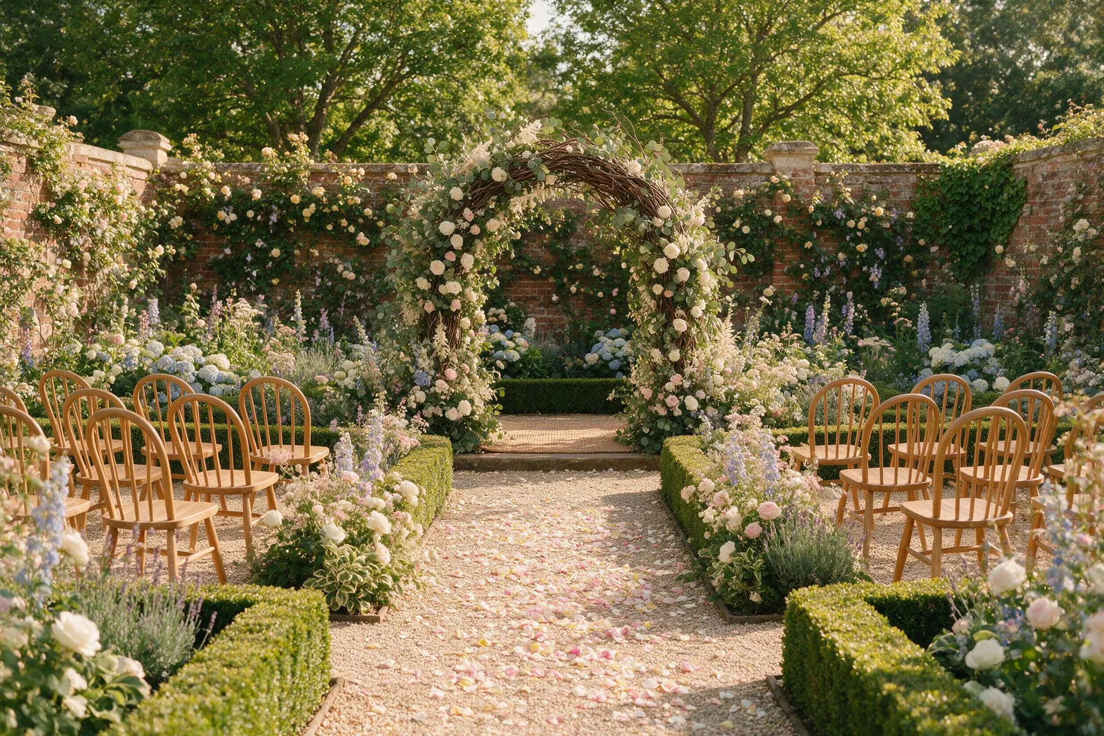 The walled garden at Ashbourne Park laid out with chairs either side of a petal-strewn aisle